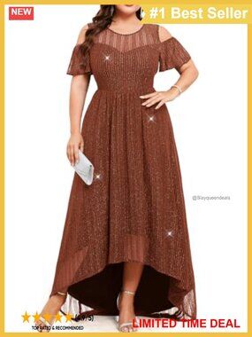Plus Size Sparkly Mesh Maxi Dress Cold Shoulder Ruffle Sleeve High Low